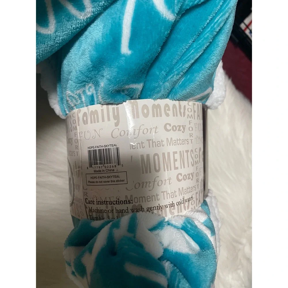 Teal White Plush Sherpa Cozy Fleece Throw HOPE makes all things WORK 50